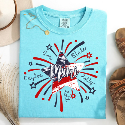Personalized MIMI Fireworks America Flag Shirt – Custom Grandma Tee with Grandkids Names