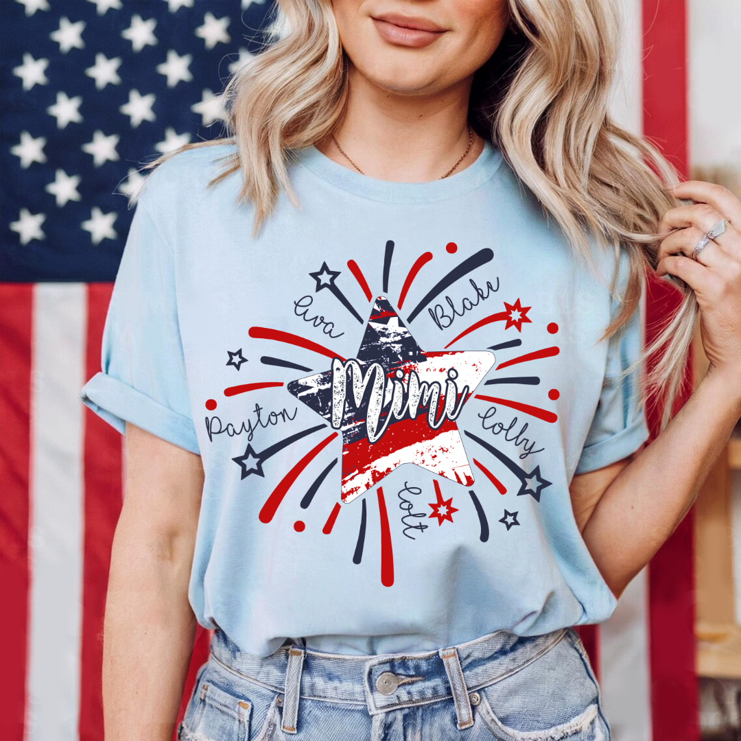 Personalized MIMI Fireworks America Flag Shirt – Custom Grandma Tee with Grandkids Names