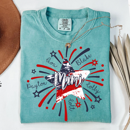 Personalized MIMI Fireworks America Flag Shirt – Custom Grandma Tee with Grandkids Names