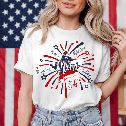 Personalized Mimi 4th of July Shirt, Custom Grandmother Name Patriotic T-Shirt, Independence Day Gift for Mimi, USA Fireworks Family Tee