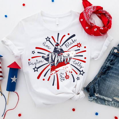 Personalized MIMI Fireworks America Flag Shirt – Custom Grandma Tee with Grandkids Names