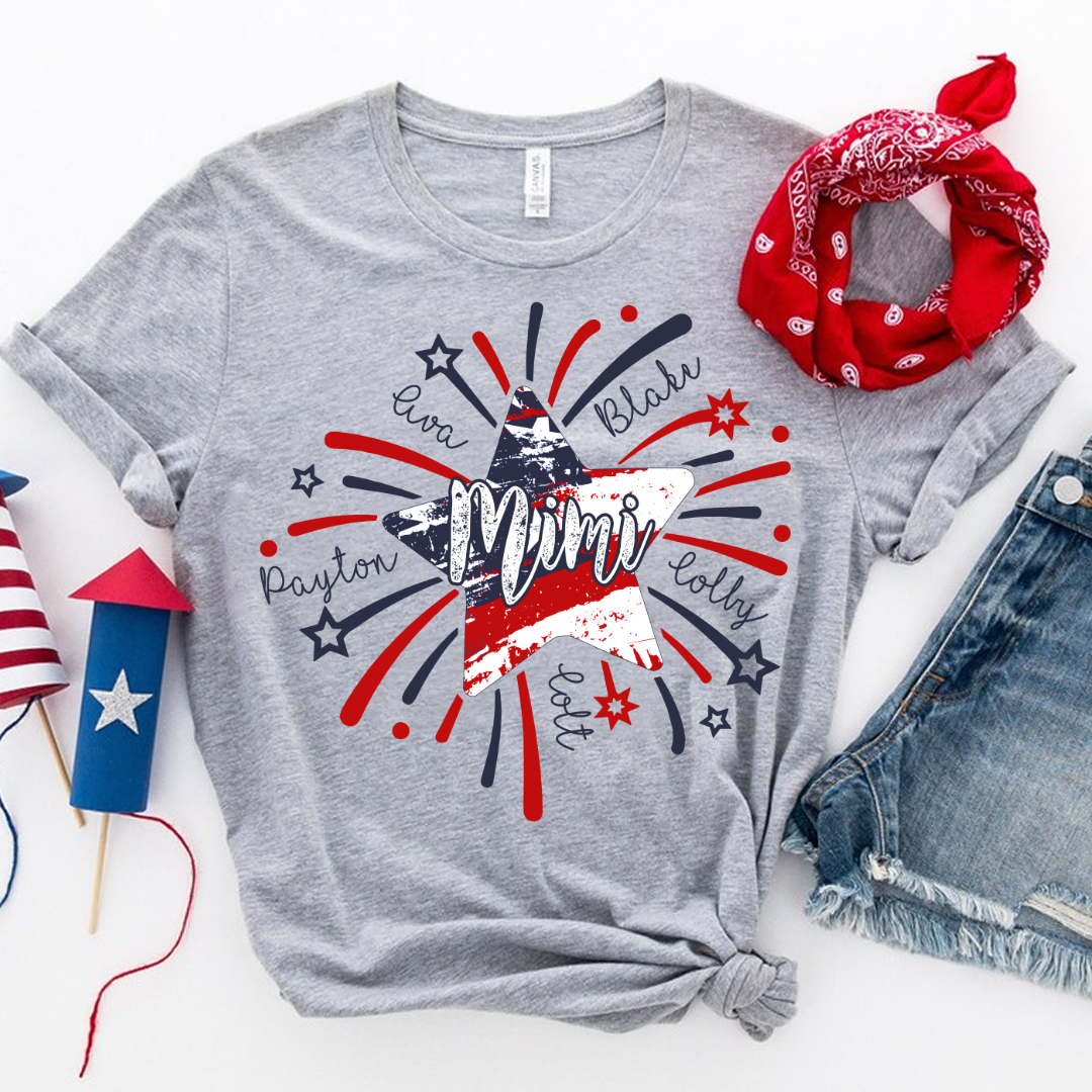 Personalized MIMI Fireworks America Flag Shirt – Custom Grandma Tee with Grandkids Names