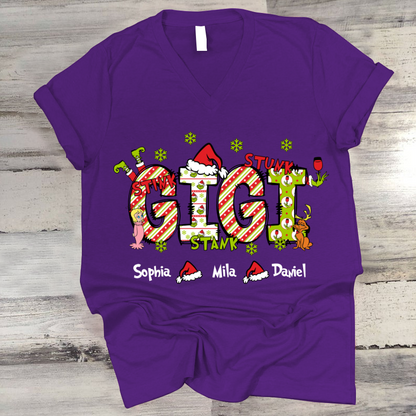 Personalized Nickname Grandma, Mom And Kids Names Christmas 2024  V-Neck
