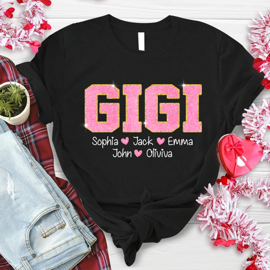Glitter Custom Name Gigi Nana Grandma And Kids T-Shirt