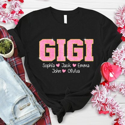 Glitter Custom Name Gigi Nana Grandma And Kids T-Shirt