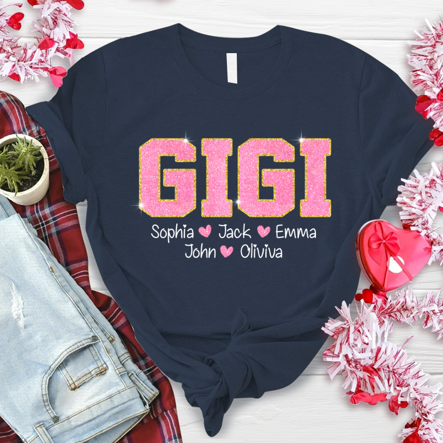 Glitter Custom Name Gigi Nana Grandma And Kids T-Shirt