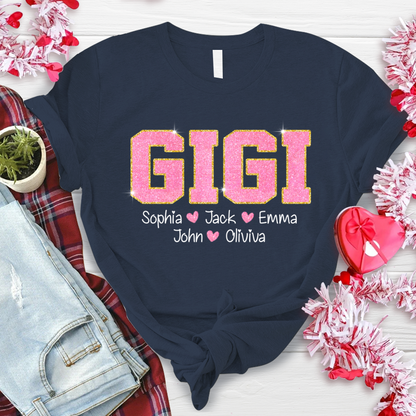 Glitter Custom Name Gigi Nana Grandma And Kids T-Shirt