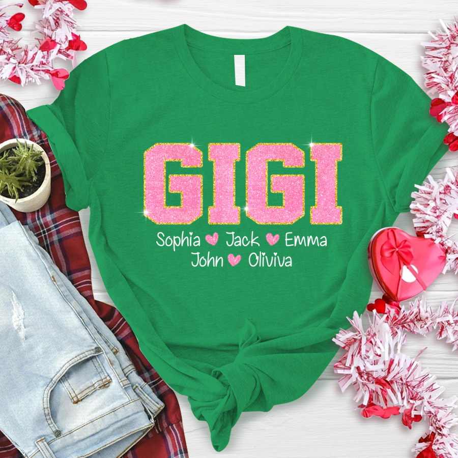 Glitter Custom Name Gigi Nana Grandma And Kids T-Shirt