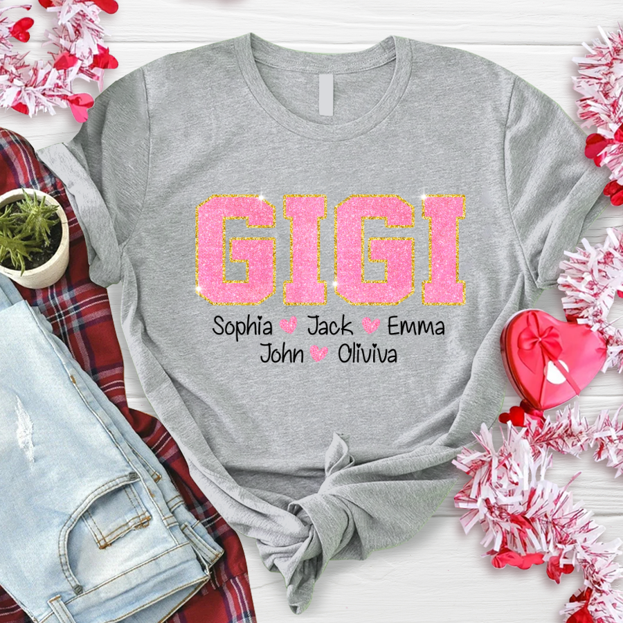 Glitter Custom Name Gigi Nana Grandma And Kids T-Shirt