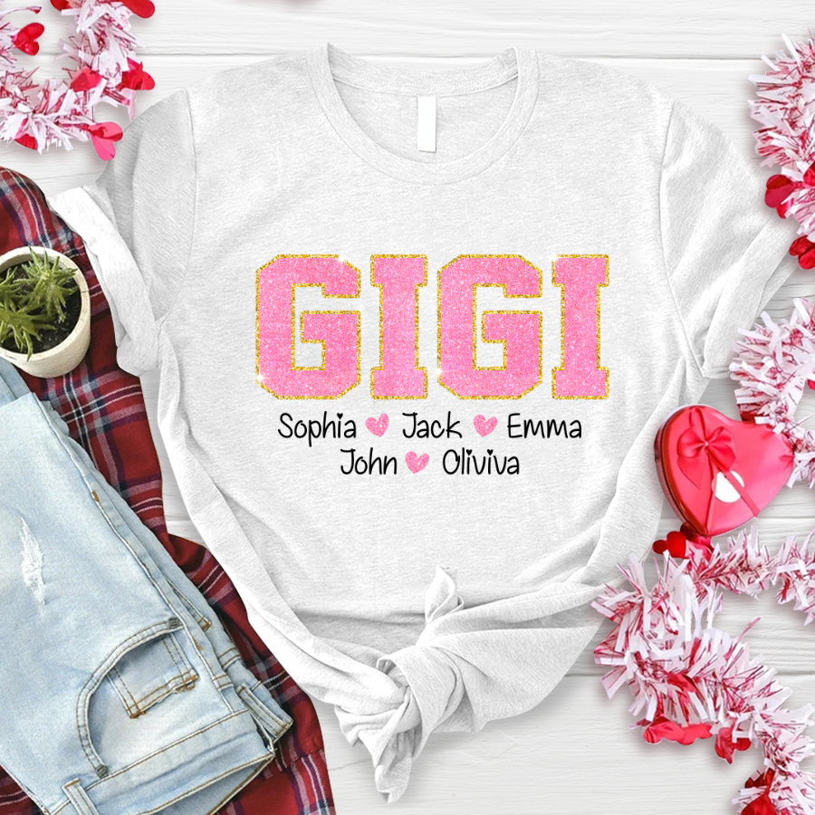 Glitter Custom Name Gigi Nana Grandma And Kids T-Shirt