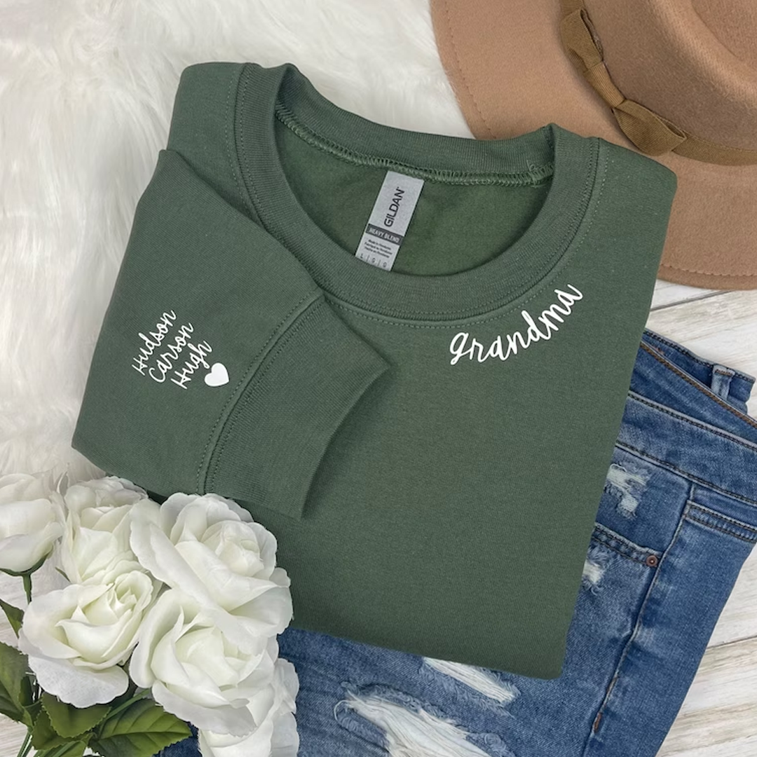Nana Sweatshirt with name on collar and Grandkids names on sleeve, Grandma Sweatshirt