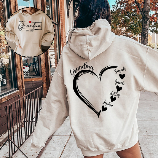 Personalized Grandma Est. Hoodie with Grandkids Names in Heart - Custom Gift for Grandma Hoodie
