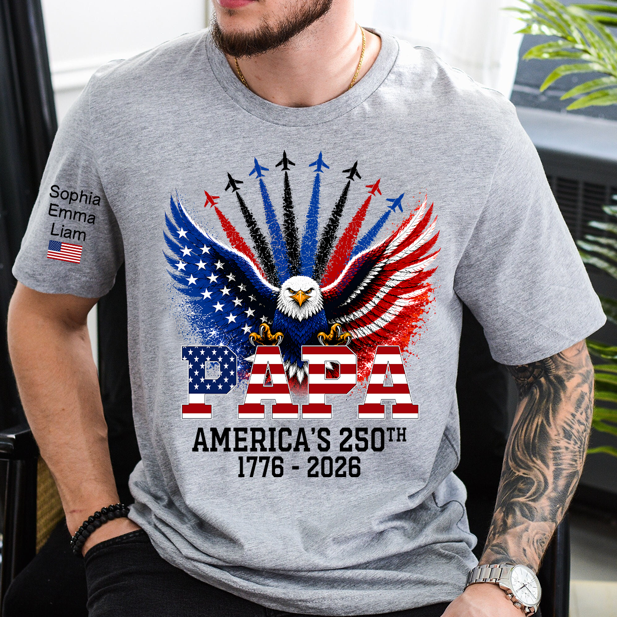 Personalized Grandpa Patriotic Eagle Shirt Custom Kids Names Sleeve, U.S. 250th Anniversary 1776 2026, Gift For Father's Day Birthday