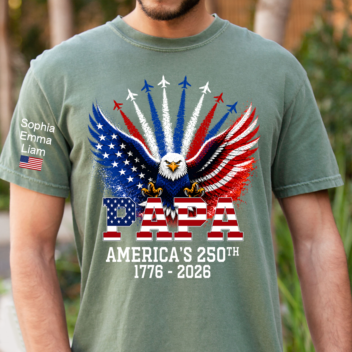 Personalized Grandpa Patriotic Eagle Shirt Custom Kids Names Sleeve, U.S. 250th Anniversary 1776 2026, Gift For Father's Day Birthday