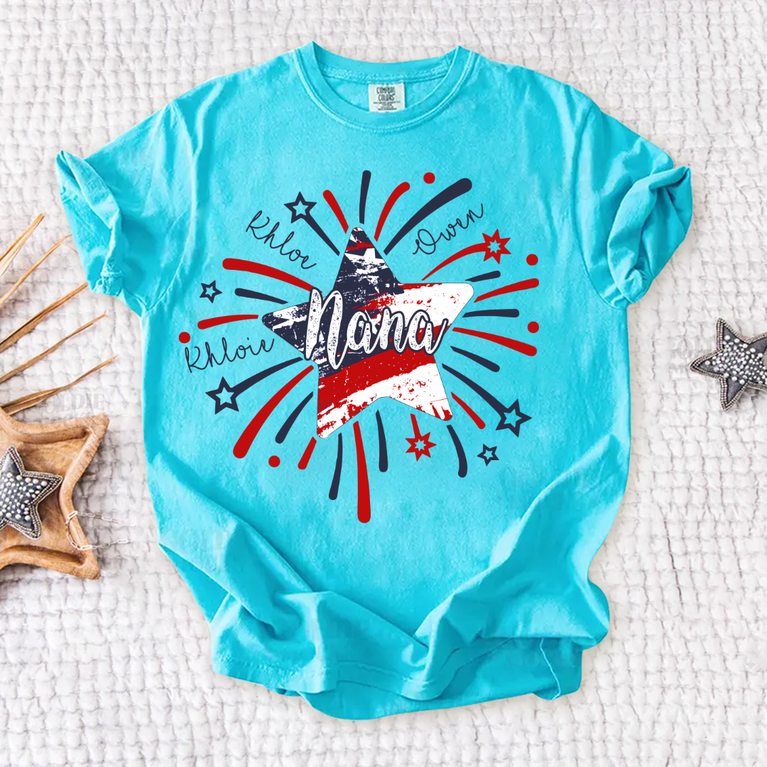 Personalized Mimi 4th of July Shirt, Custom Grandmother Name Patriotic T-Shirt, Independence Day Gift for Mimi, USA Fireworks Family Tee