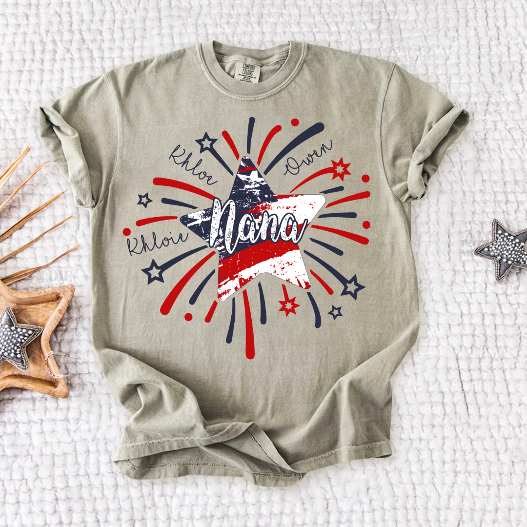Personalized Mimi 4th of July Shirt, Custom Grandmother Name Patriotic T-Shirt, Independence Day Gift for Mimi, USA Fireworks Family Tee