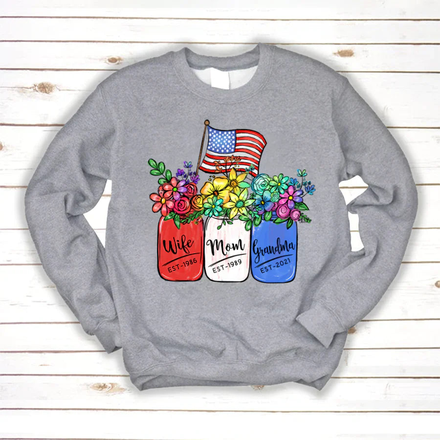America Flag and Rainbow Floral Peace Wife Est Mom Est Grandma Est Sweatshirt