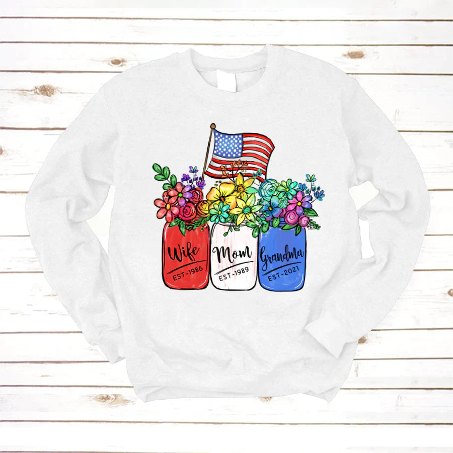 America Flag and Rainbow Floral Peace Wife Est Mom Est Grandma Est Sweatshirt
