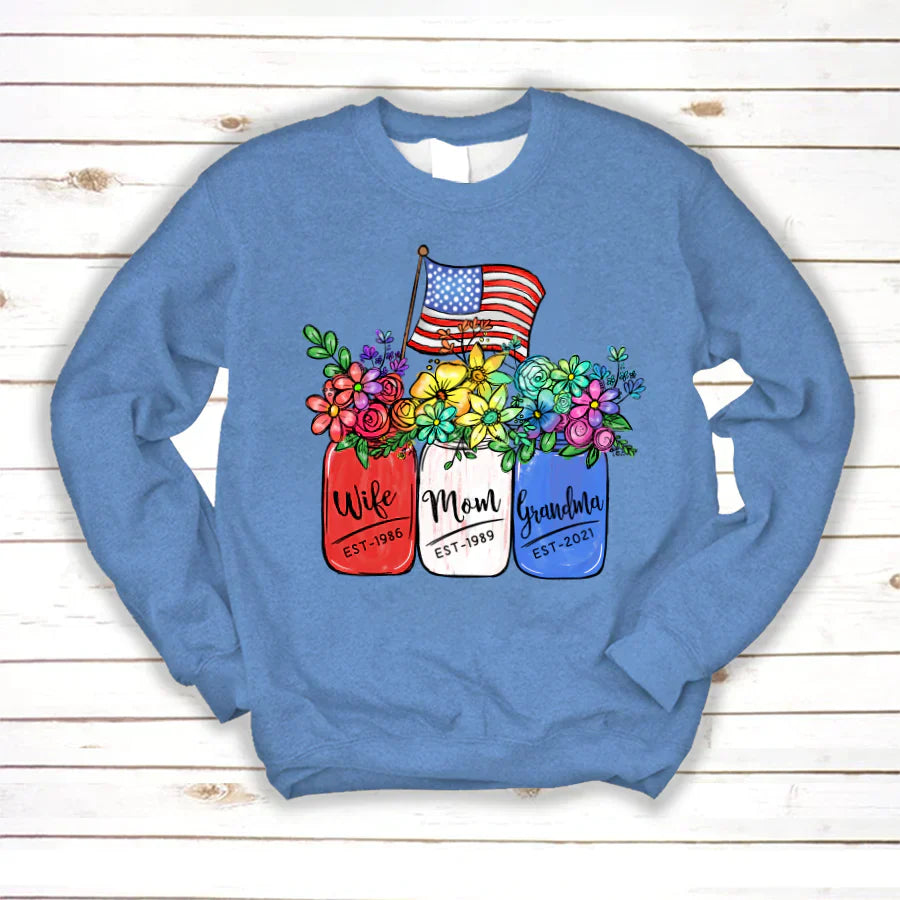 America Flag and Rainbow Floral Peace Wife Est Mom Est Grandma Est Sweatshirt