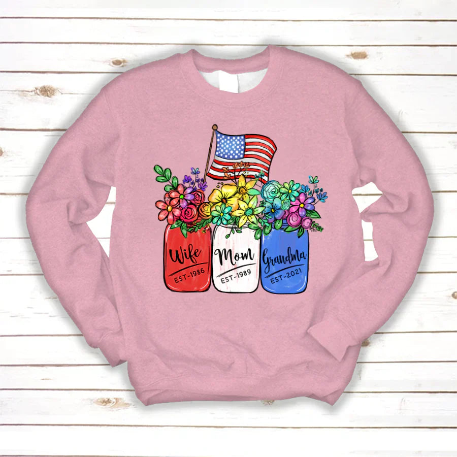 America Flag and Rainbow Floral Peace Wife Est Mom Est Grandma Est Sweatshirt