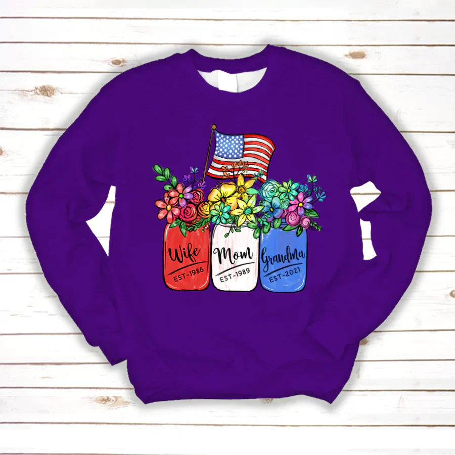 America Flag and Rainbow Floral Peace Wife Est Mom Est Grandma Est Sweatshirt