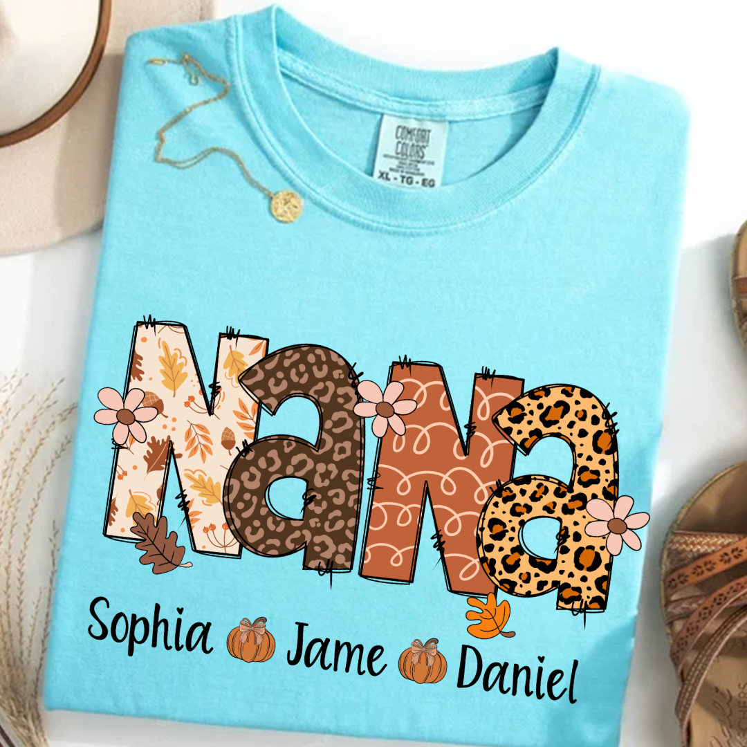 Autumn Leopard Nana And Grandkids Personalized Shirt