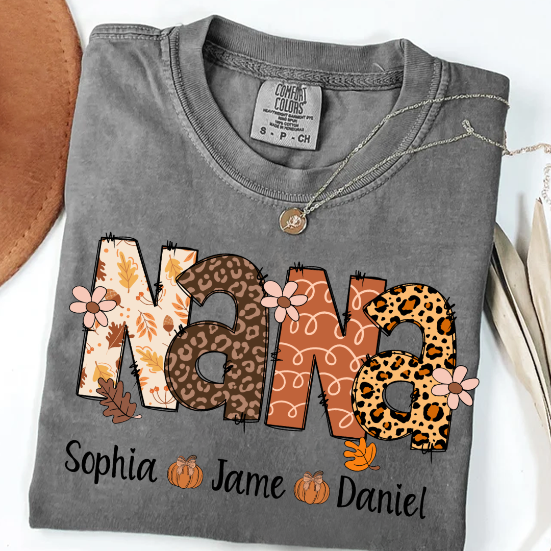 Autumn Leopard Nana And Grandkids Personalized Shirt
