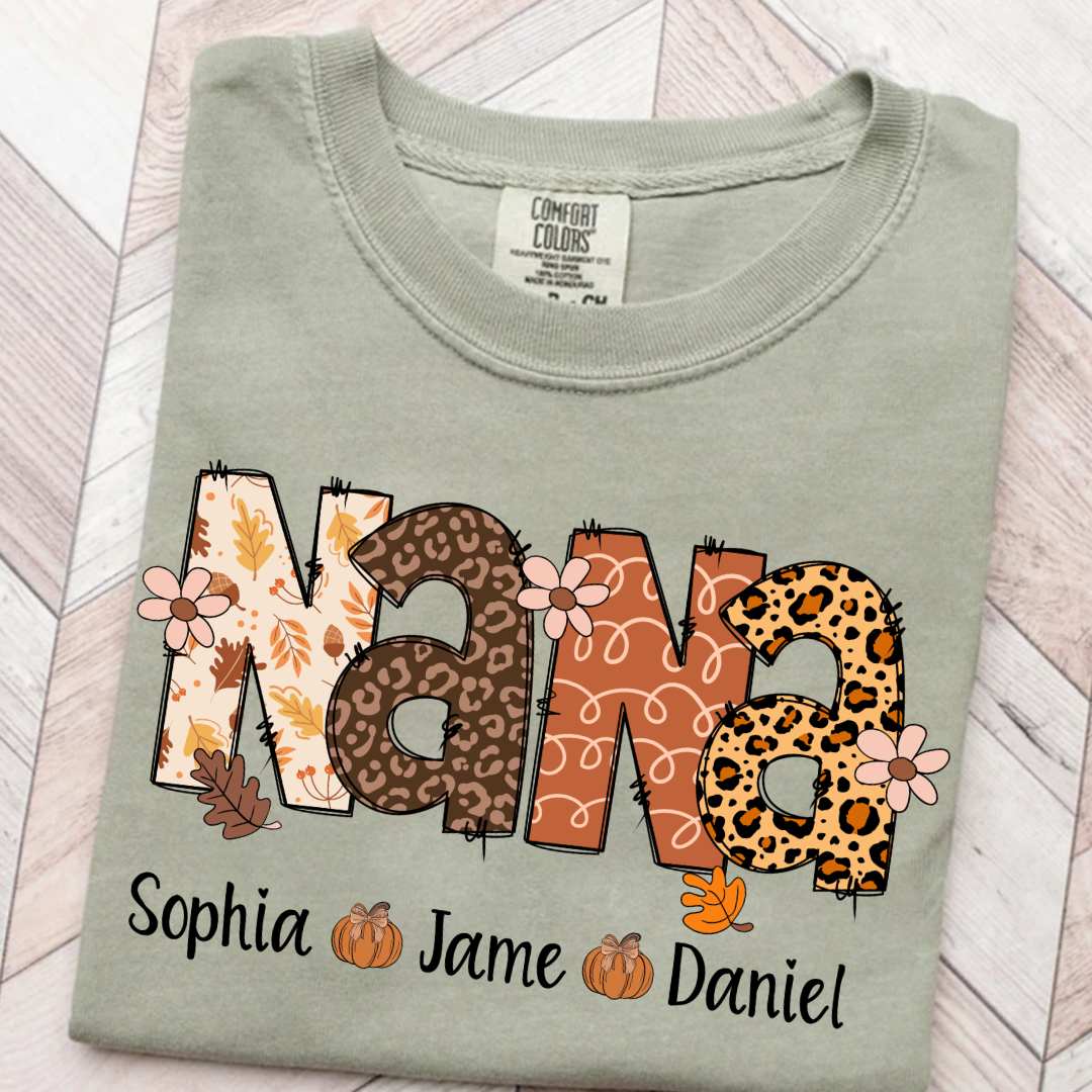 Autumn Leopard Nana And Grandkids Personalized Shirt