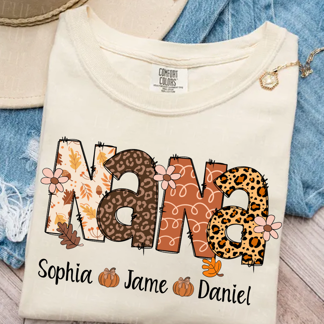 Autumn Leopard Nana And Grandkids Personalized Shirt