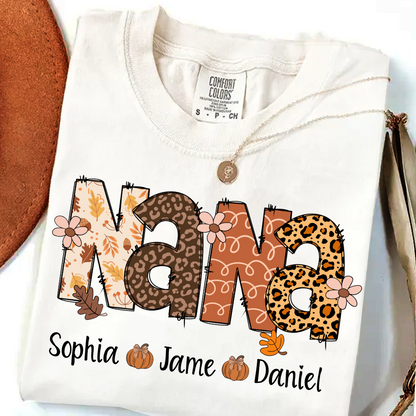 Autumn Leopard Nana And Grandkids Personalized Shirt