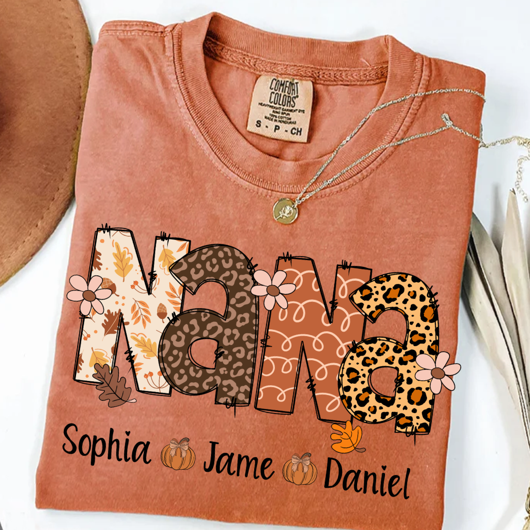 Autumn Leopard Nana And Grandkids Personalized Shirt