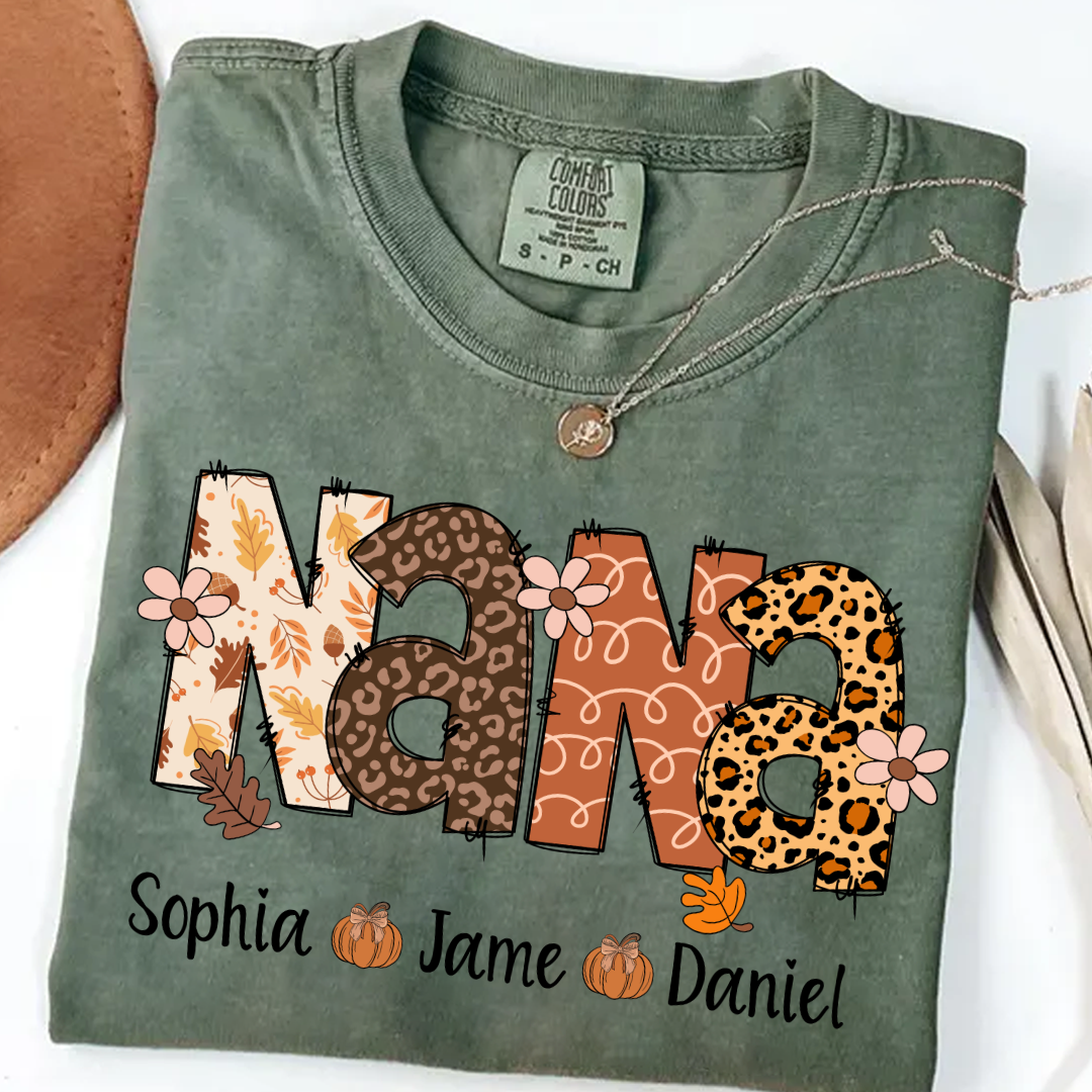 Autumn Leopard Nana And Grandkids Personalized Shirt