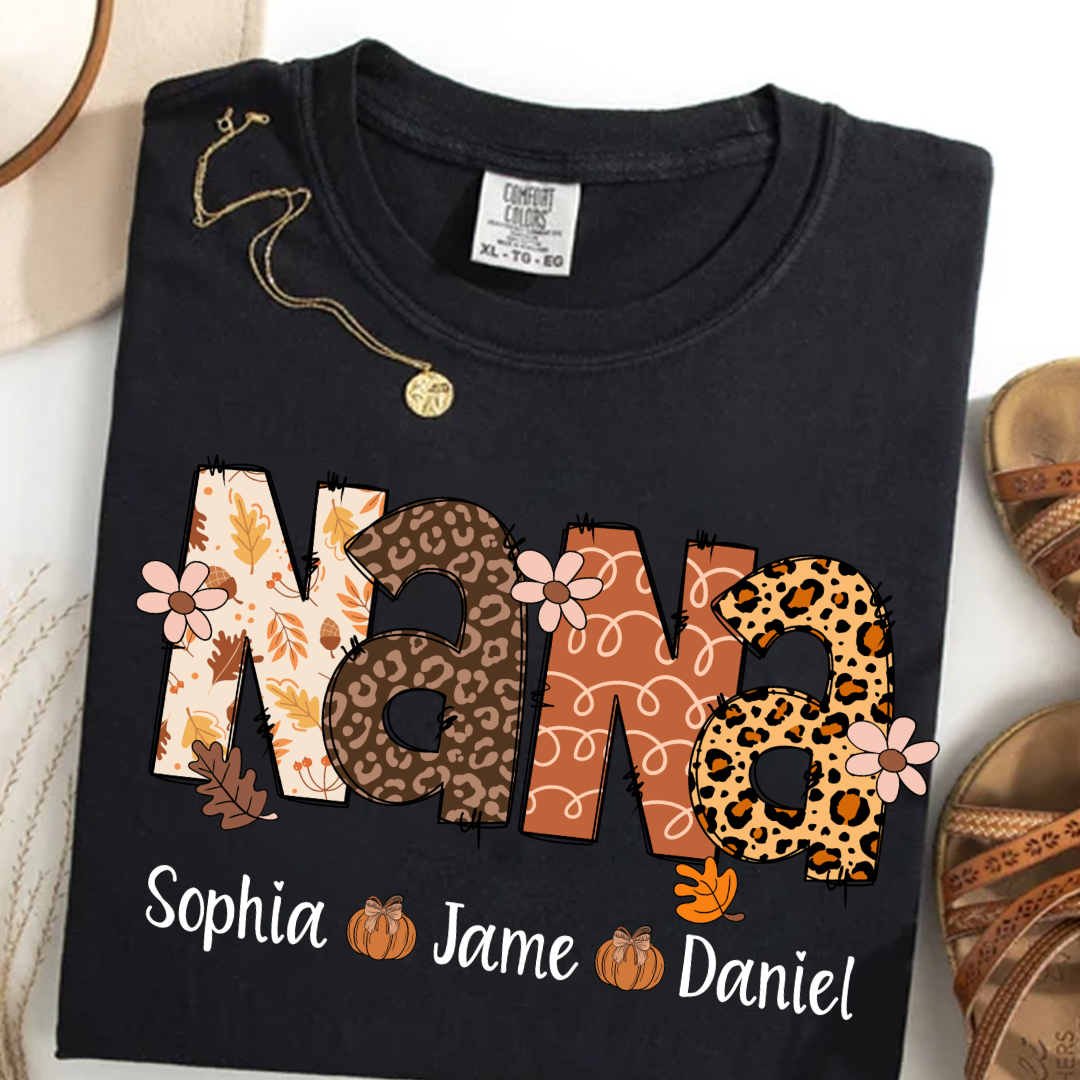 Autumn Leopard Nana And Grandkids Personalized Shirt