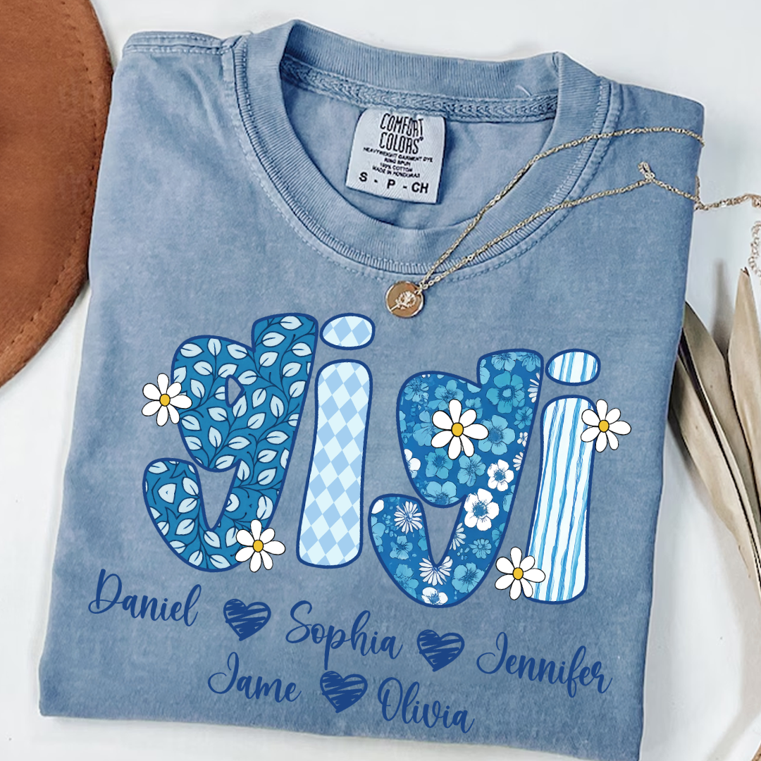 Blue Floral Gigi Personalized Grandma Gift with Grandkids Names Shirt