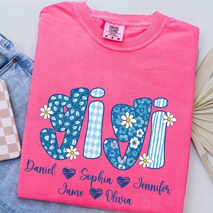 Blue Floral Gigi Personalized Grandma Gift with Grandkids Names Shirt