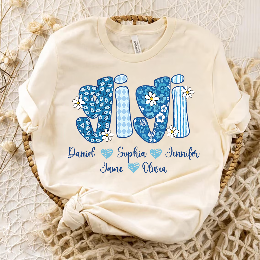 Blue Floral Gigi Personalized Grandma Gift with Grandkids Names Shirt
