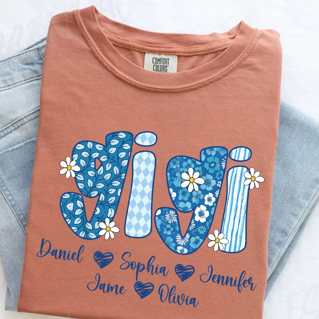 Blue Floral Gigi Personalized Grandma Gift with Grandkids Names Shirt