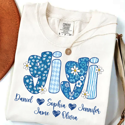 Blue Floral Gigi Personalized Grandma Gift with Grandkids Names Shirt