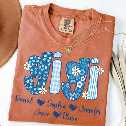 Blue Floral Gigi Personalized Grandma Gift with Grandkids Names Shirt