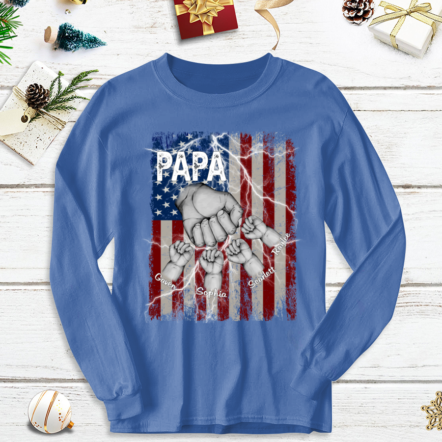 Customized Papa Grandkids Hands Flag Lightning for Proud Grandfathers Longsleeve