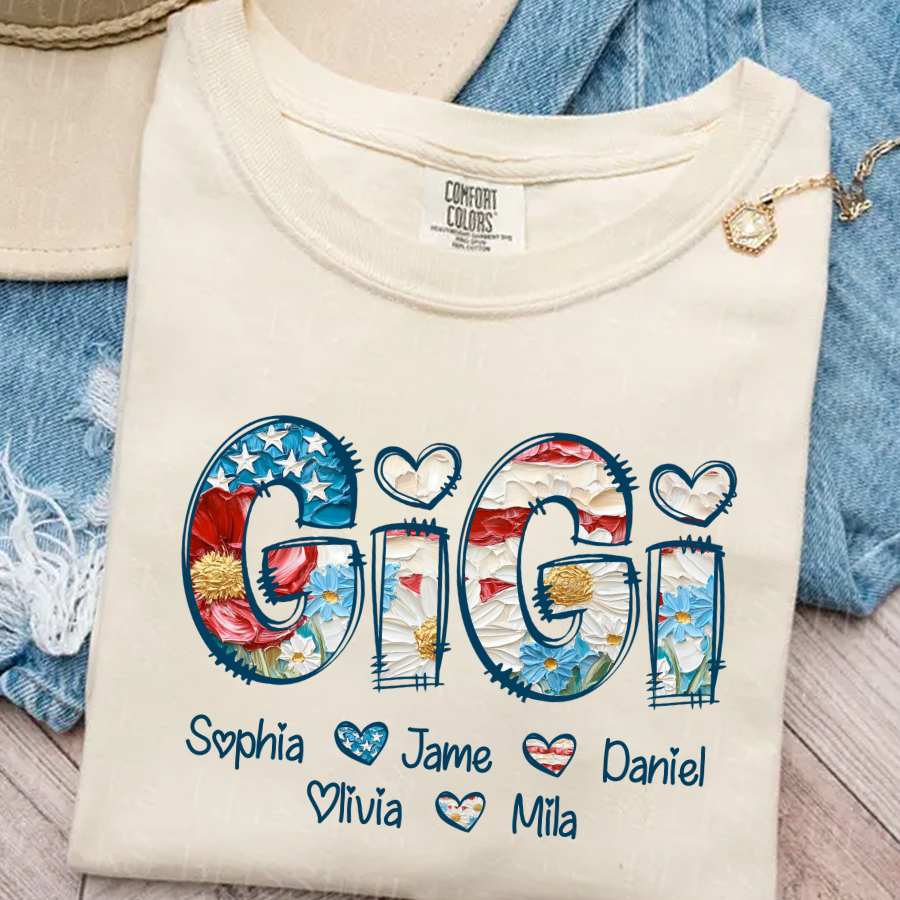 Daisy Flower America Flag Gigi And Grandkids Personalized 4th of July Gift Shirt