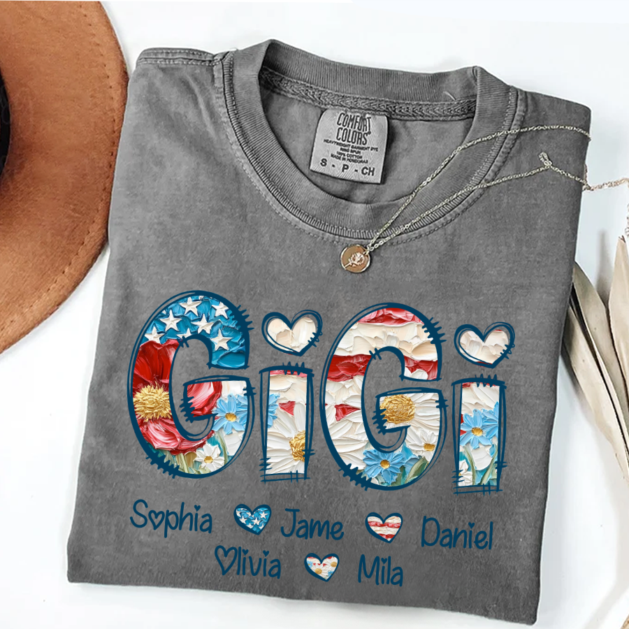Daisy Flower America Flag Gigi And Grandkids Personalized 4th of July Gift Shirt