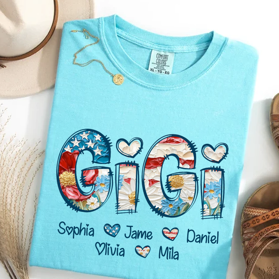 Daisy Flower America Flag Gigi And Grandkids Personalized 4th of July Gift Shirt
