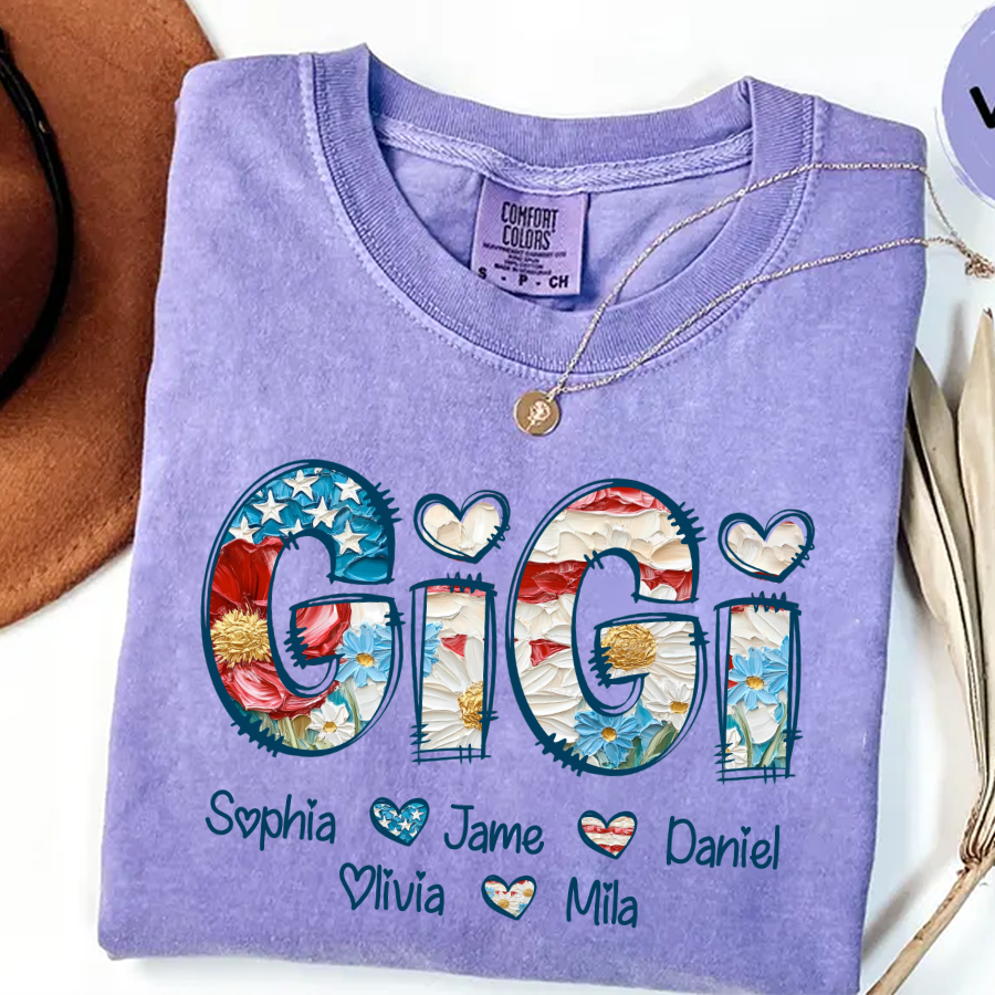 Daisy Flower America Flag Gigi And Grandkids Personalized 4th of July Gift Shirt