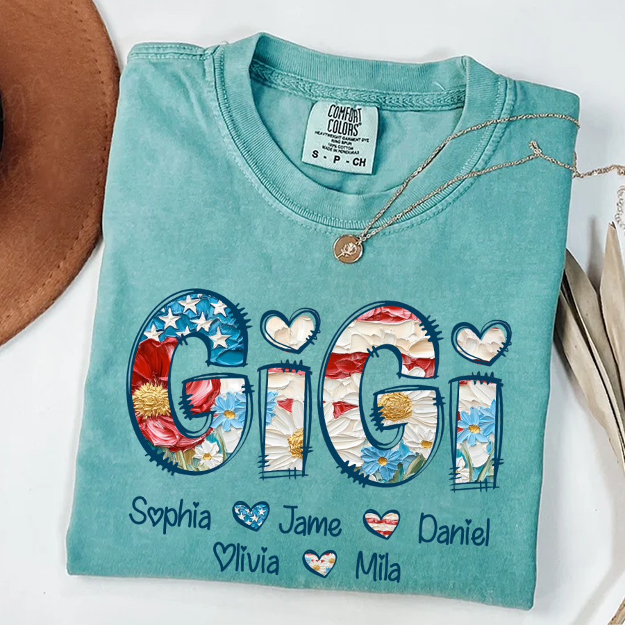 Daisy Flower America Flag Gigi And Grandkids Personalized 4th of July Gift Shirt