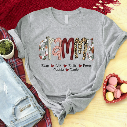 Personalized Grammy Flower and Leopard Font With Kids Names T-Shirt, Custom Mother's Day Shirt For Grandma Mimi Nana Gigi Gaga