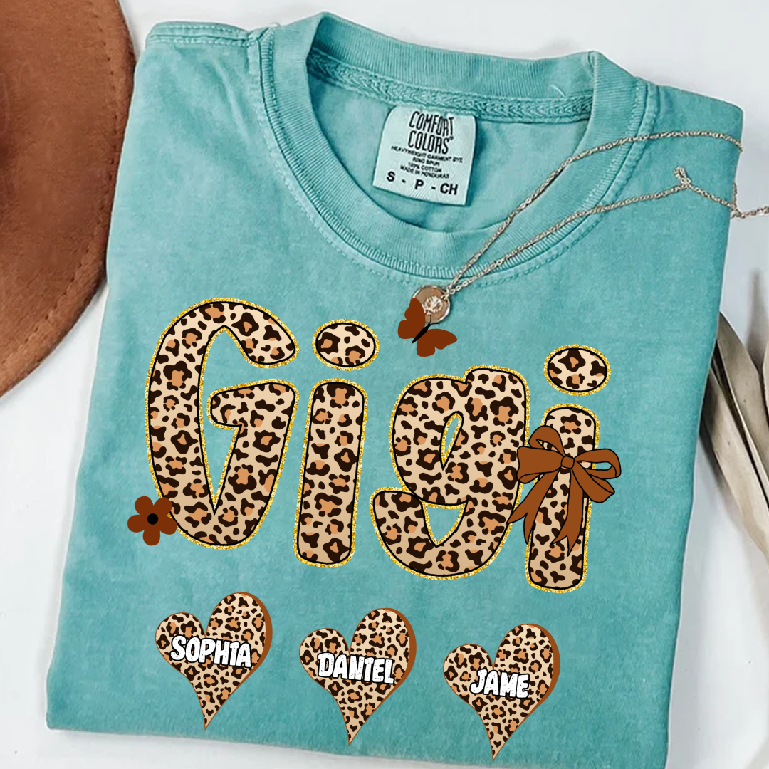 Leopard Heart Gigi Custom Grandma and Grandkids Shirt