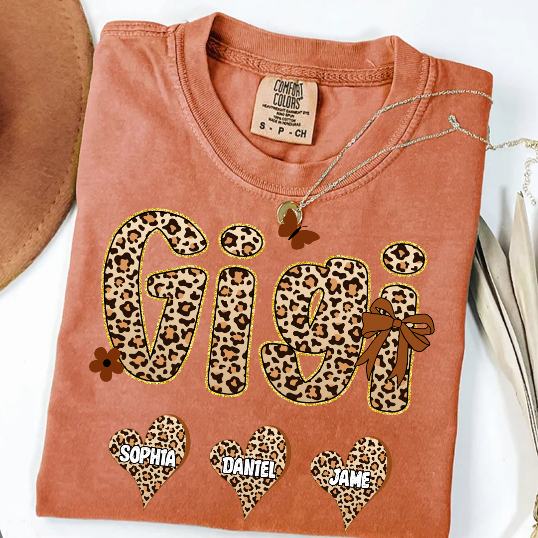 Leopard Heart Gigi Custom Grandma and Grandkids Shirt