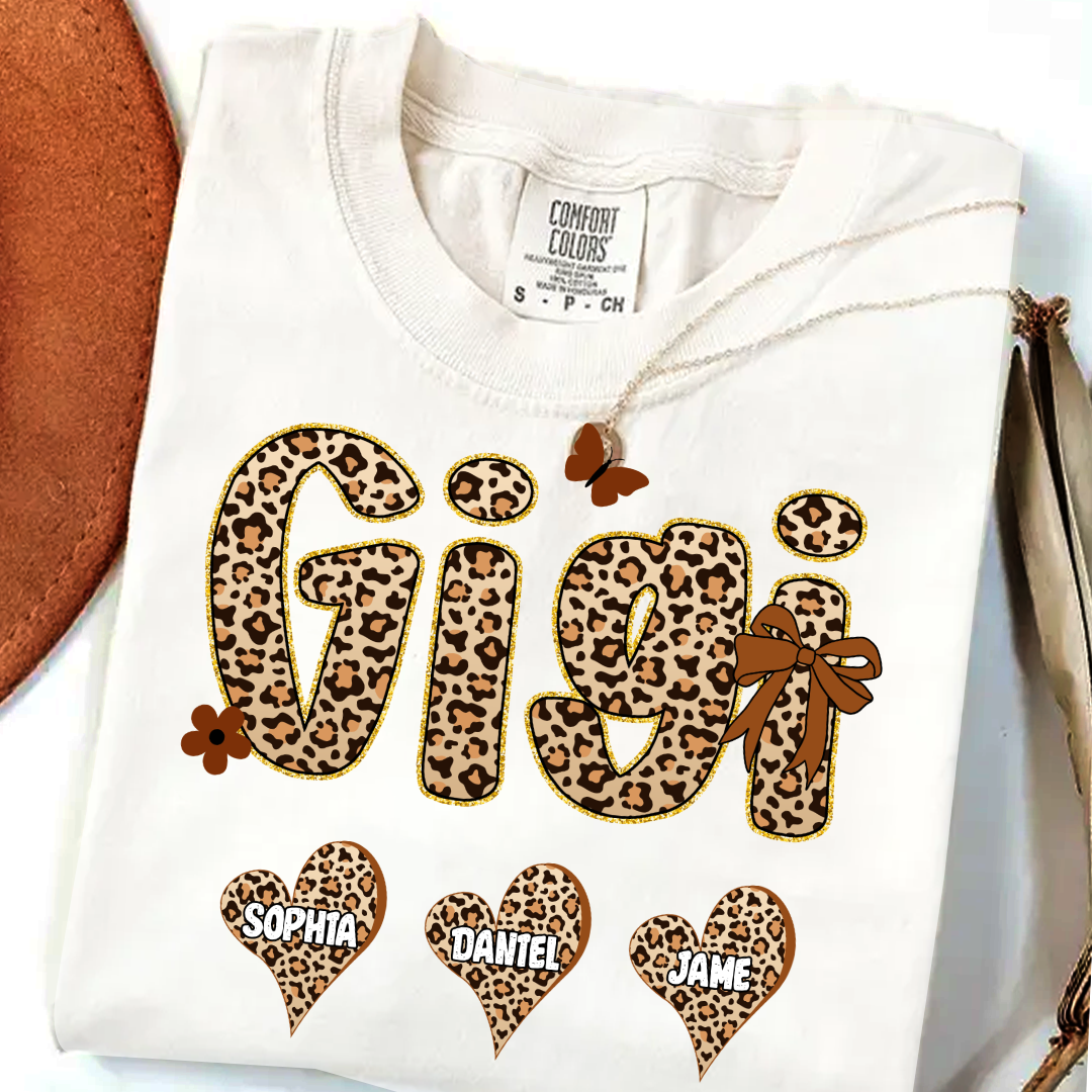 Leopard Heart Gigi Custom Grandma and Grandkids Shirt