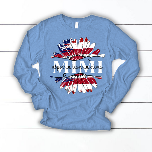 Mimi Flower Daisy Flag Custom Names And Grandkids 4th of july Longsleeve